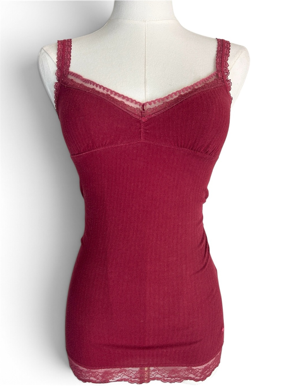 Vintage Y2K Abercrombie & Fitch Babydoll Lace Trim Cami Wine Ribbed Tank Top XS